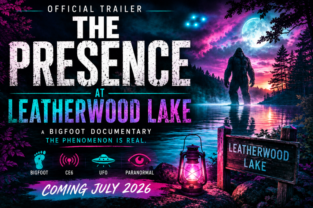 a bigfoot creature standing i a lake with trees all the way around. a wood signsaying leatherwood lake and a lamp in the foreground. the text says the presence at leatherwood lake a bigfoot documentary