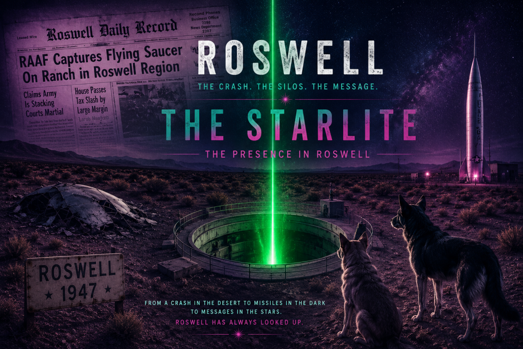 A grapphic of Roswell The Starlite Presence in Roswell. There is the Roswell crash. The Starlite missle silo. A titan missle and two dogs.